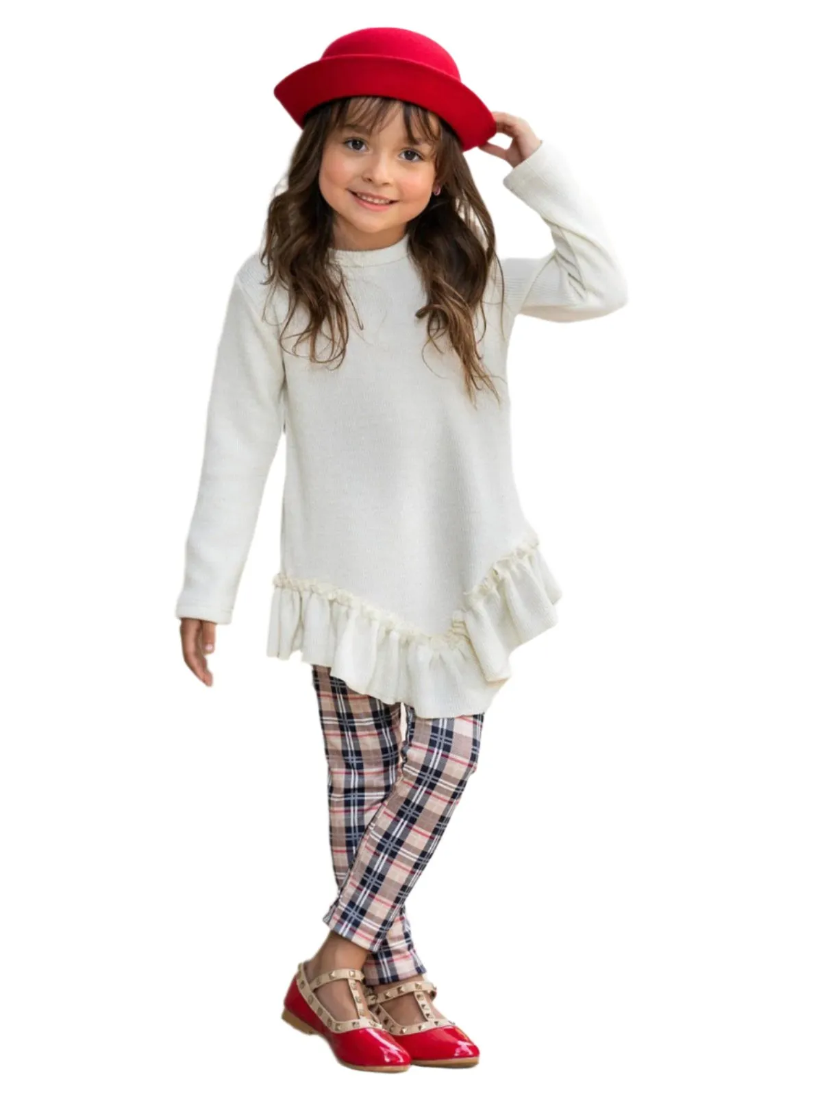 Autumn Breeze Ruffle Tunic And Plaid Legging Set