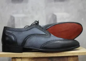 Bespoke Black Gray Leather Suede Wing Tip Shoes