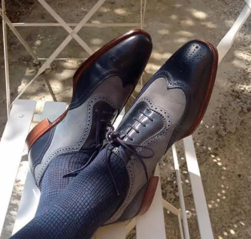 Bespoke Black Gray Leather Wing Tip Shoes