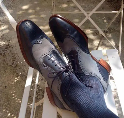 Bespoke Black Gray Leather Wing Tip Shoes