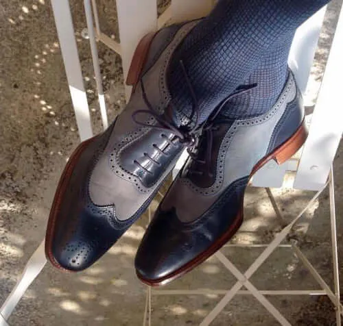 Bespoke Black Gray Leather Wing Tip Shoes