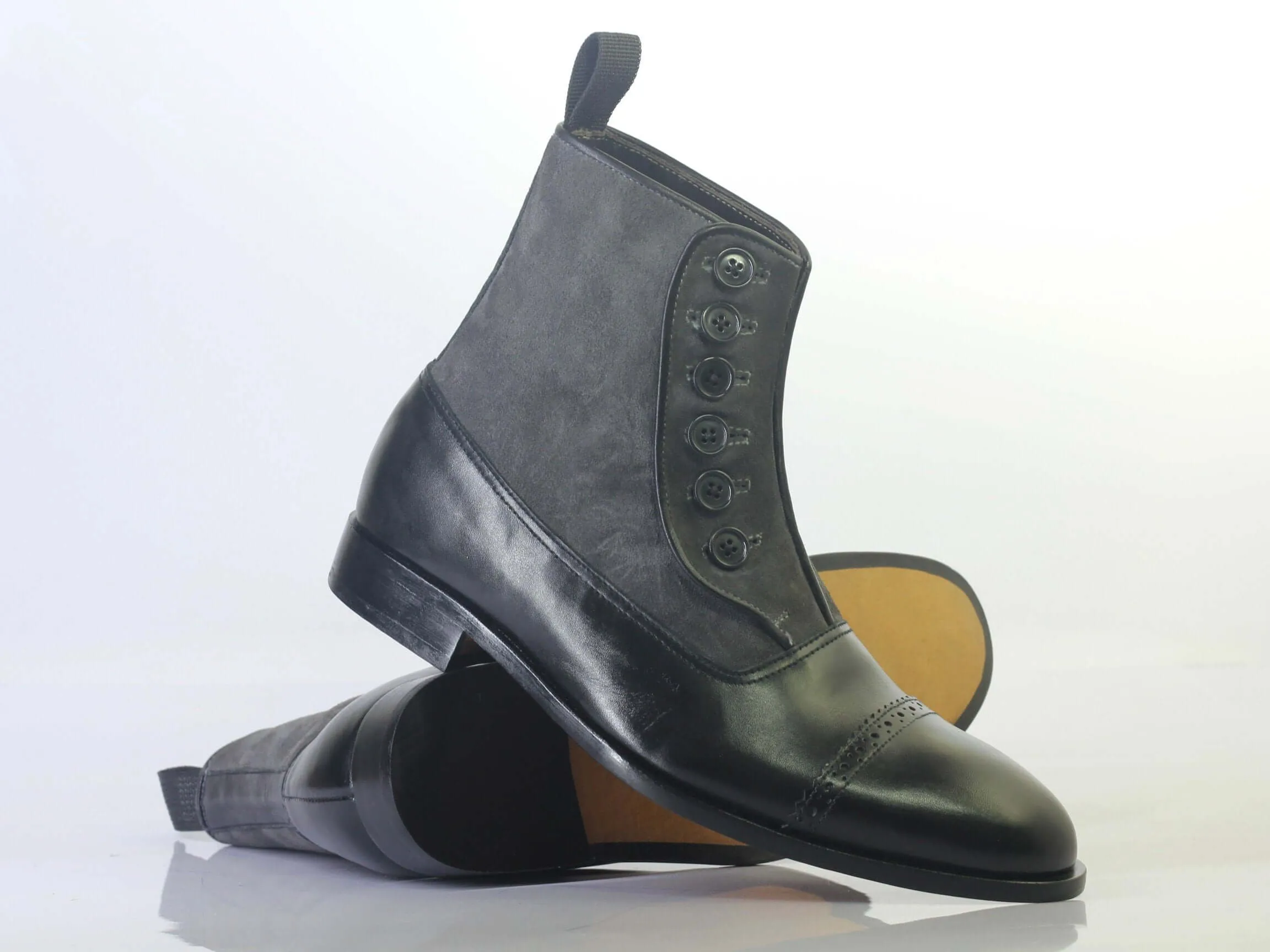 Bespoke Black Leather Suede Ankle Button Top Cap Toe Boot