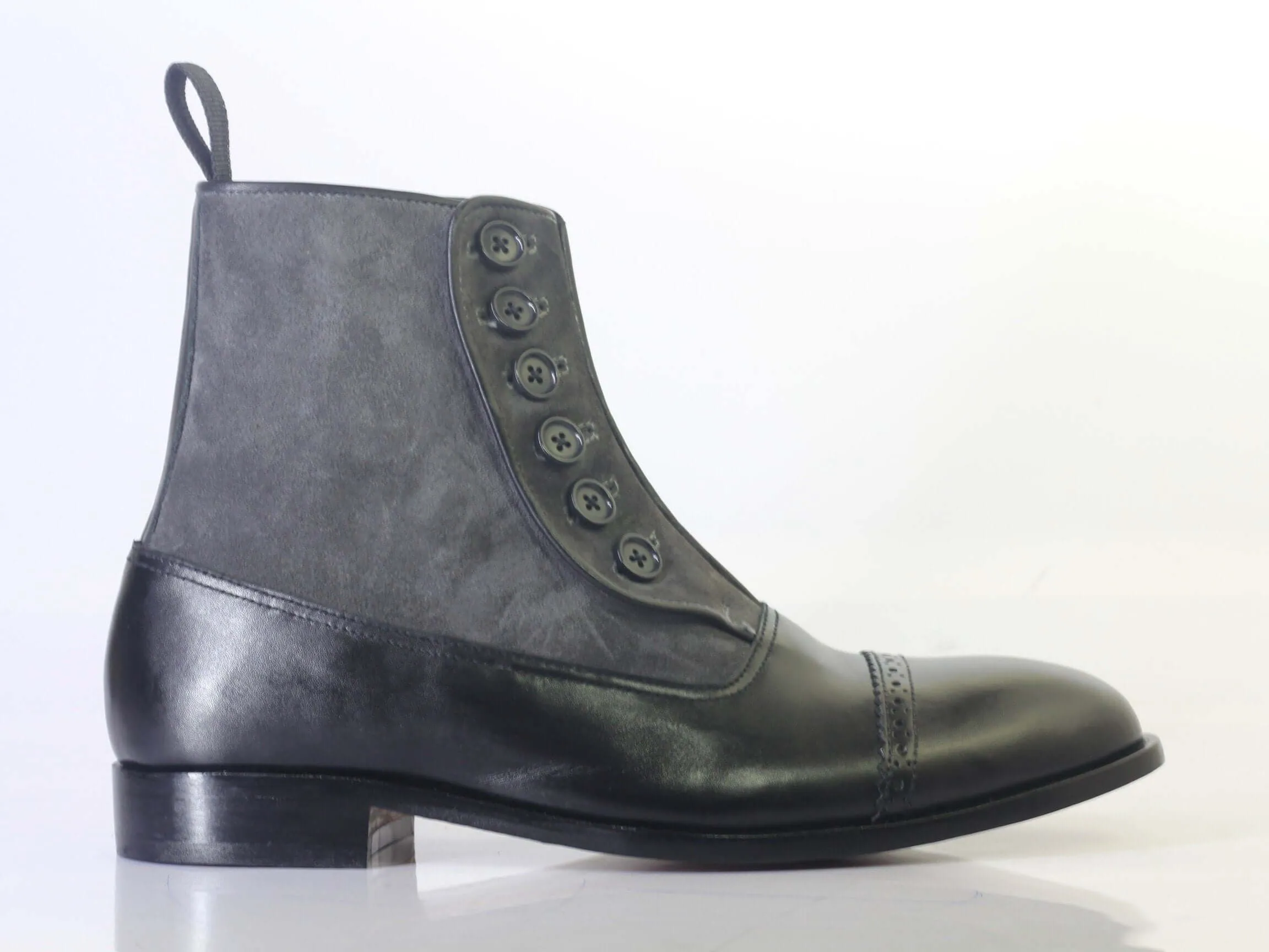 Bespoke Black Leather Suede Ankle Button Top Cap Toe Boot