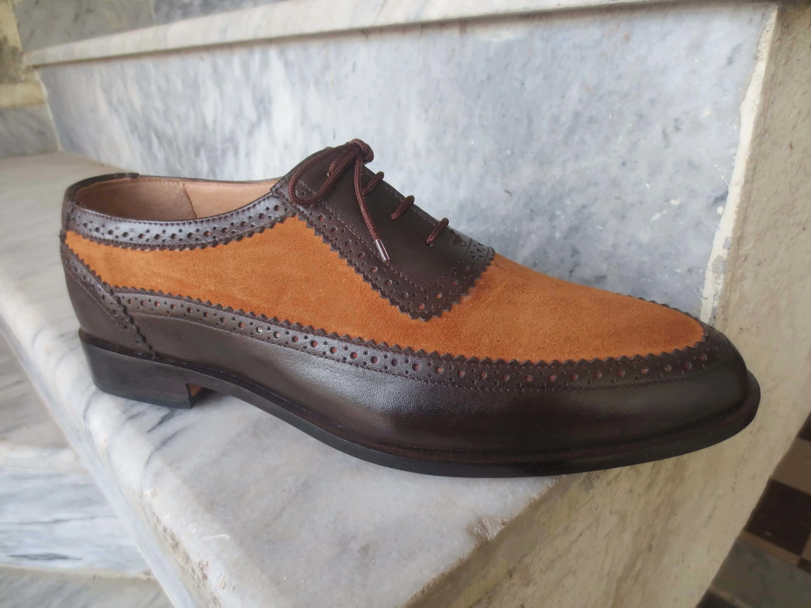 Bespoke Brown & Tan Leather Suede Lace Up Shoe for Men