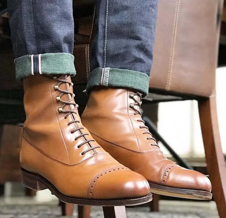 Bespoke Brown Leather Cap Toe Ankle High Lace Up Boots