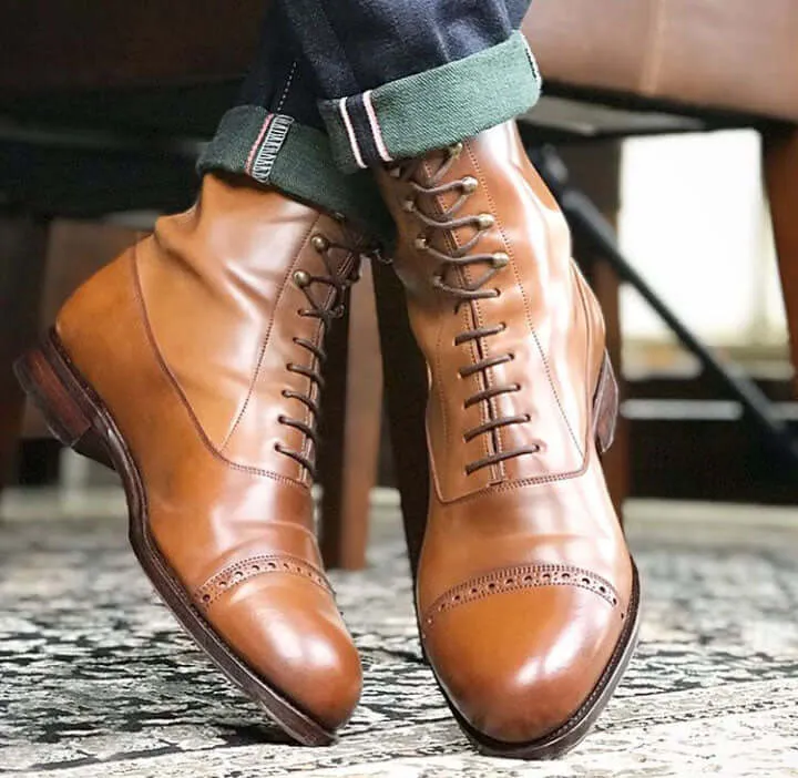 Bespoke Brown Leather Cap Toe Ankle High Lace Up Boots