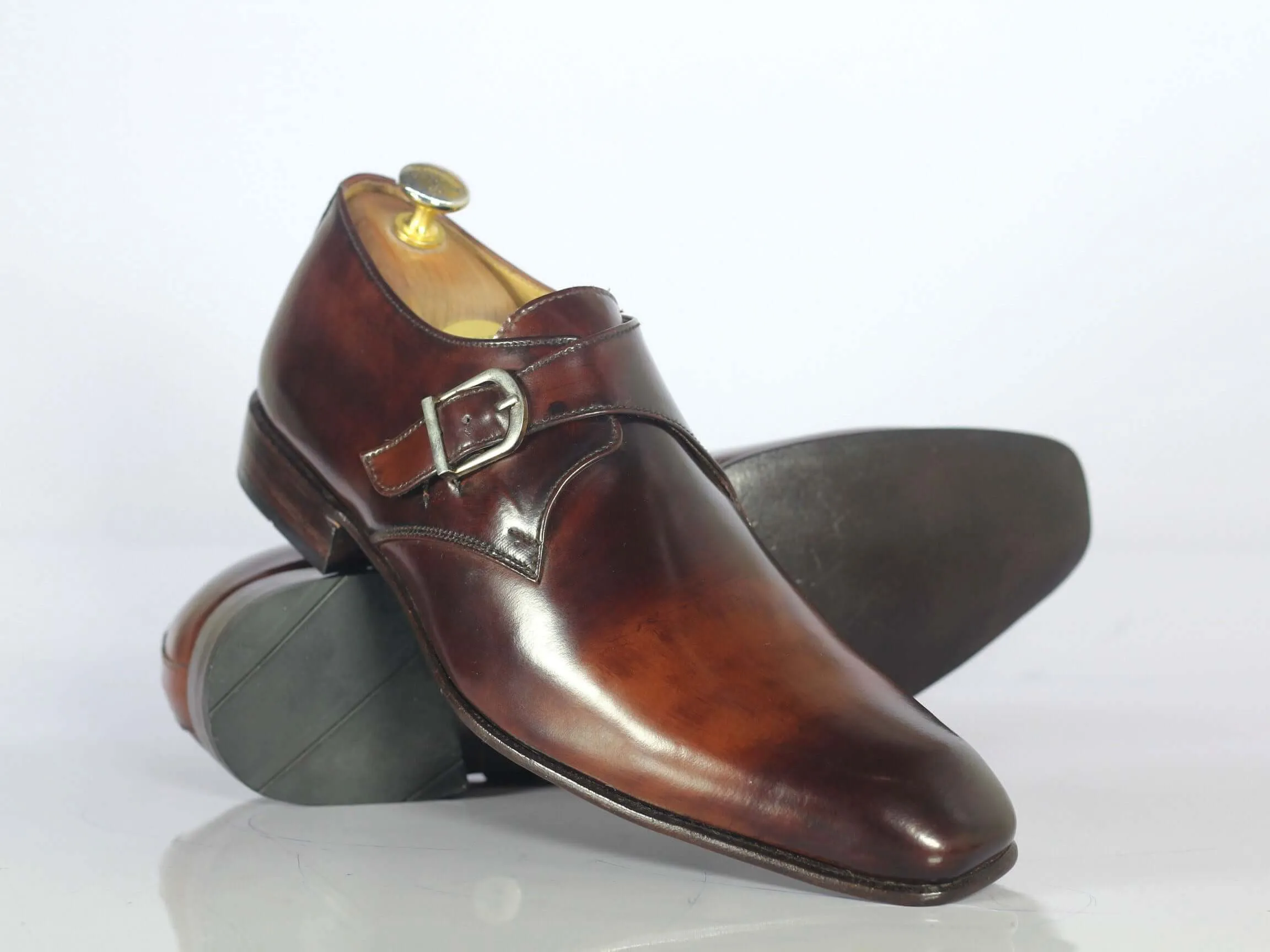 Bespoke Brown Leather Monk Strap Shoes for Men's