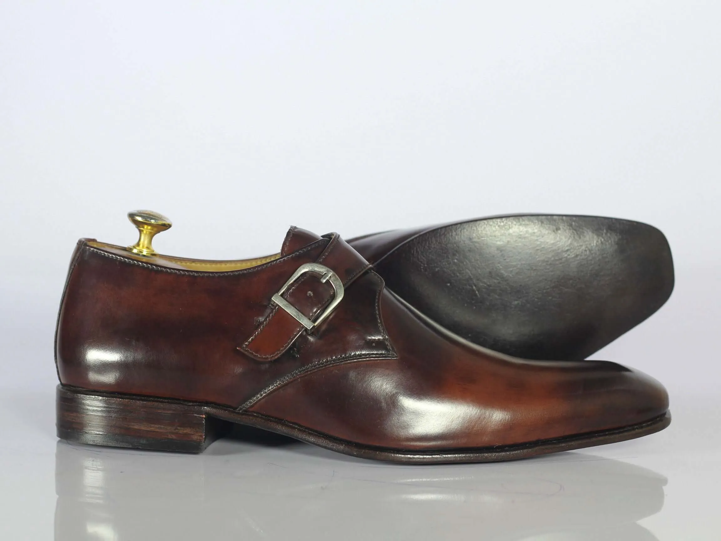 Bespoke Brown Leather Monk Strap Shoes for Men's