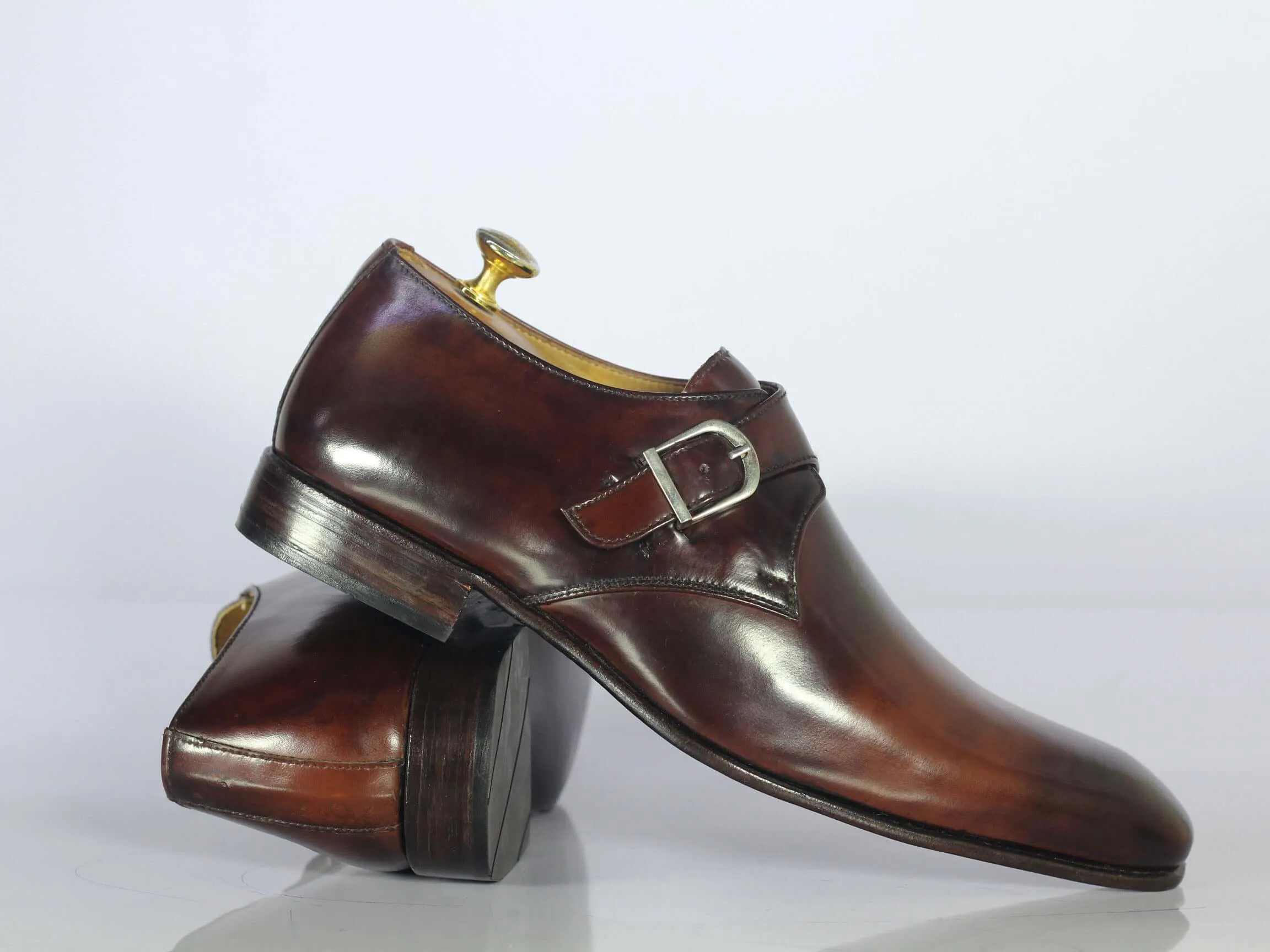 Bespoke Brown Leather Monk Strap Shoes for Men's