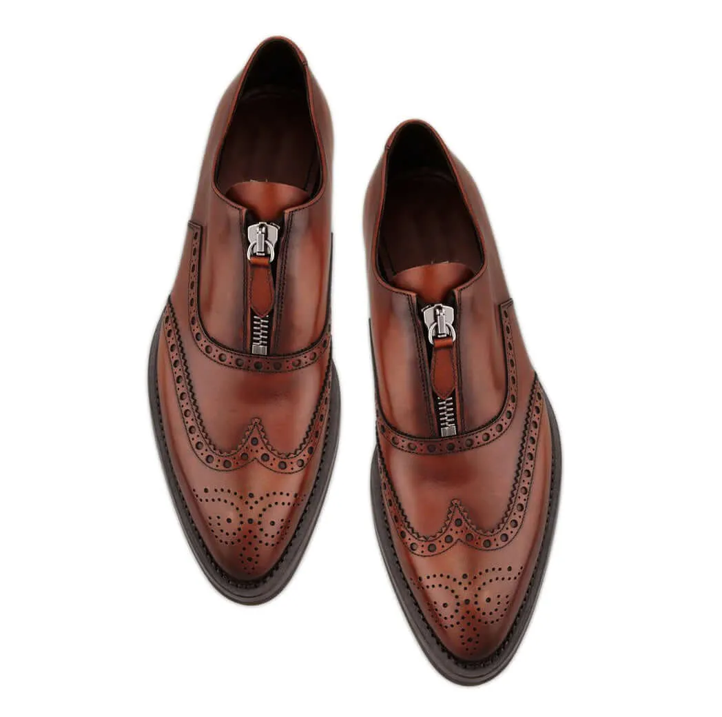 Bespoke Brown Leather Wing Tip Zip Up Shoe for Men