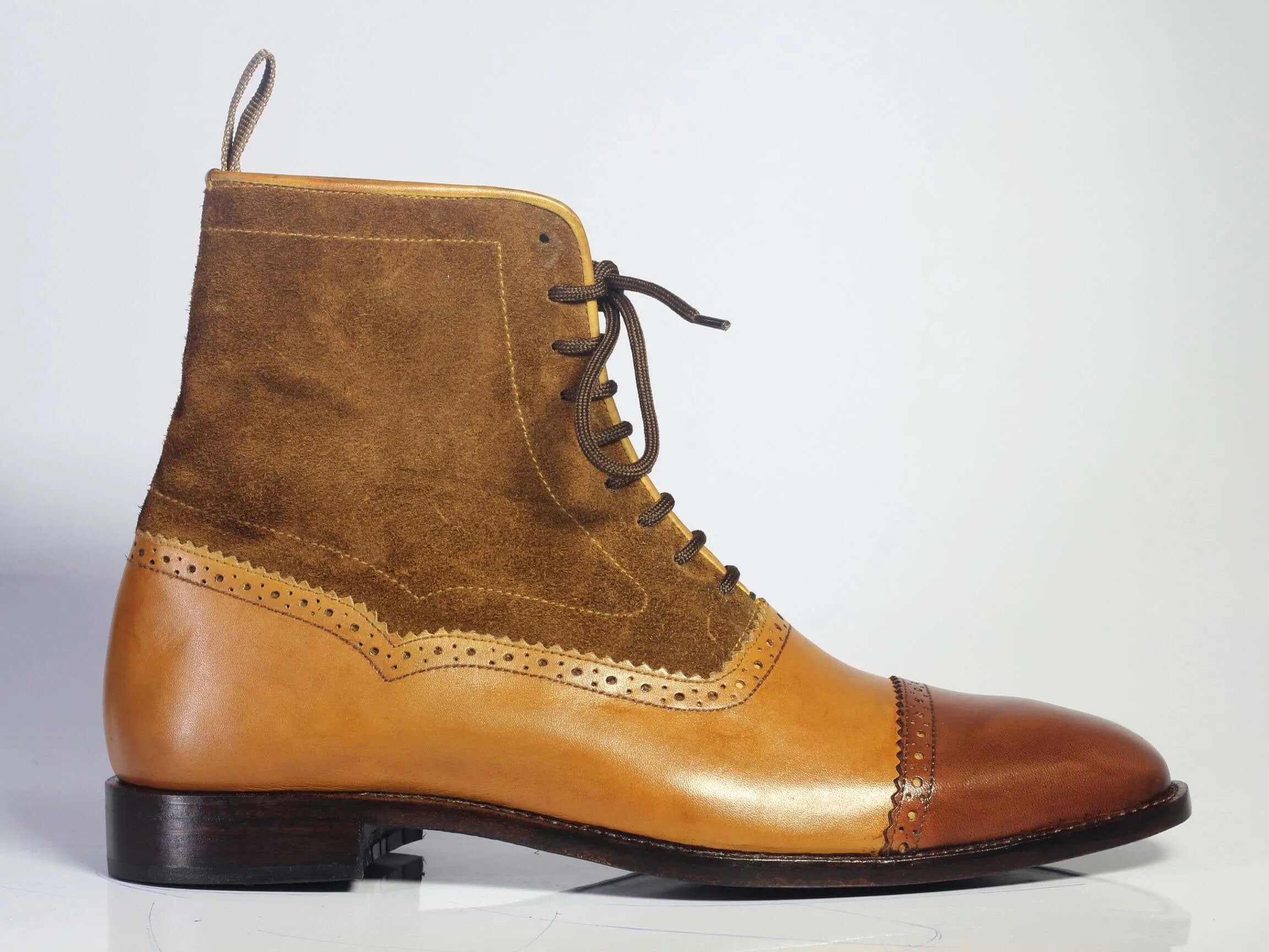 Bespoke Brown Tan Leather Suede Lace Up Ankle Boot