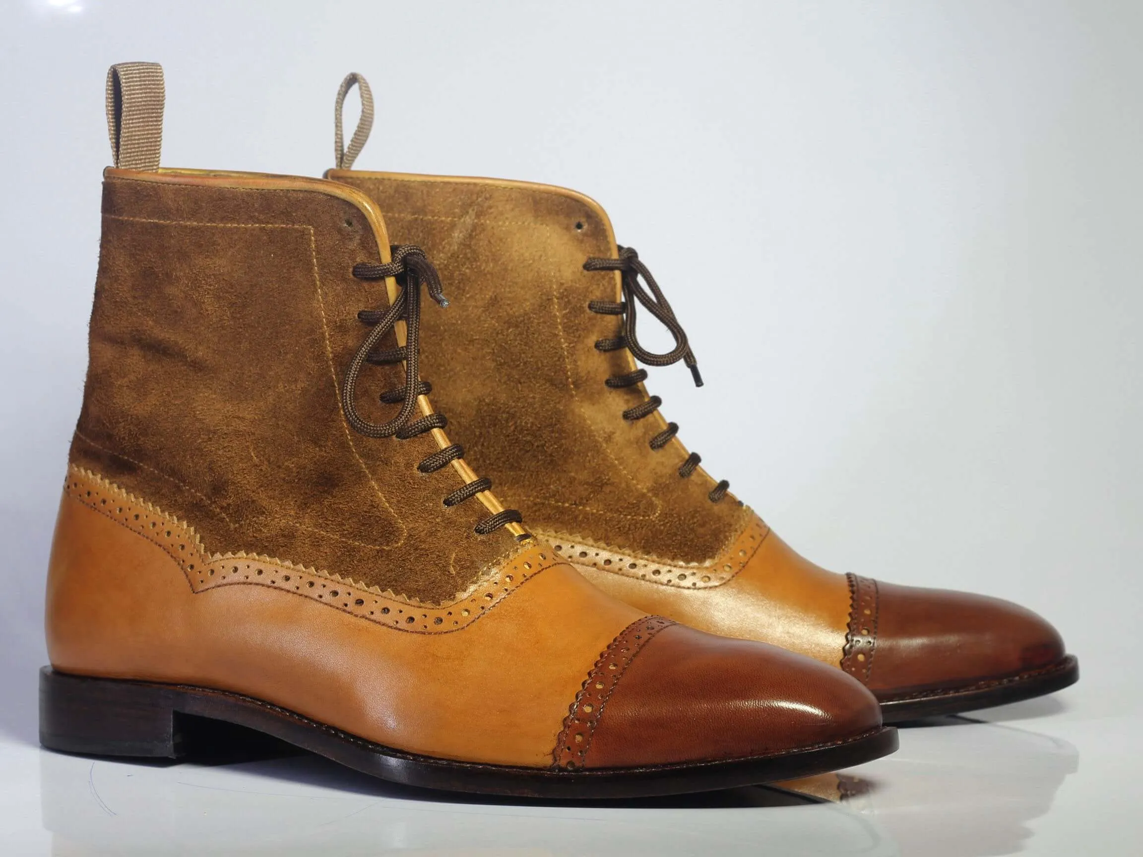 Bespoke Brown Tan Leather Suede Lace Up Ankle Boot