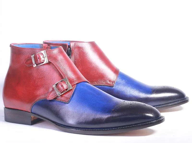 Bespoke Burgundy Blue Chukka Leather Monk Strap Boots