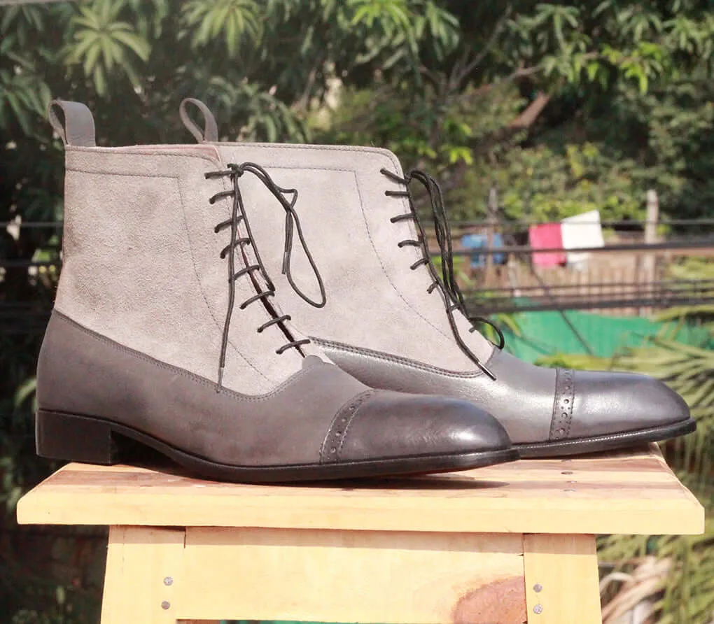 Bespoke Gray Leather&Suede Ankle Cap Toe Lace Up Boots