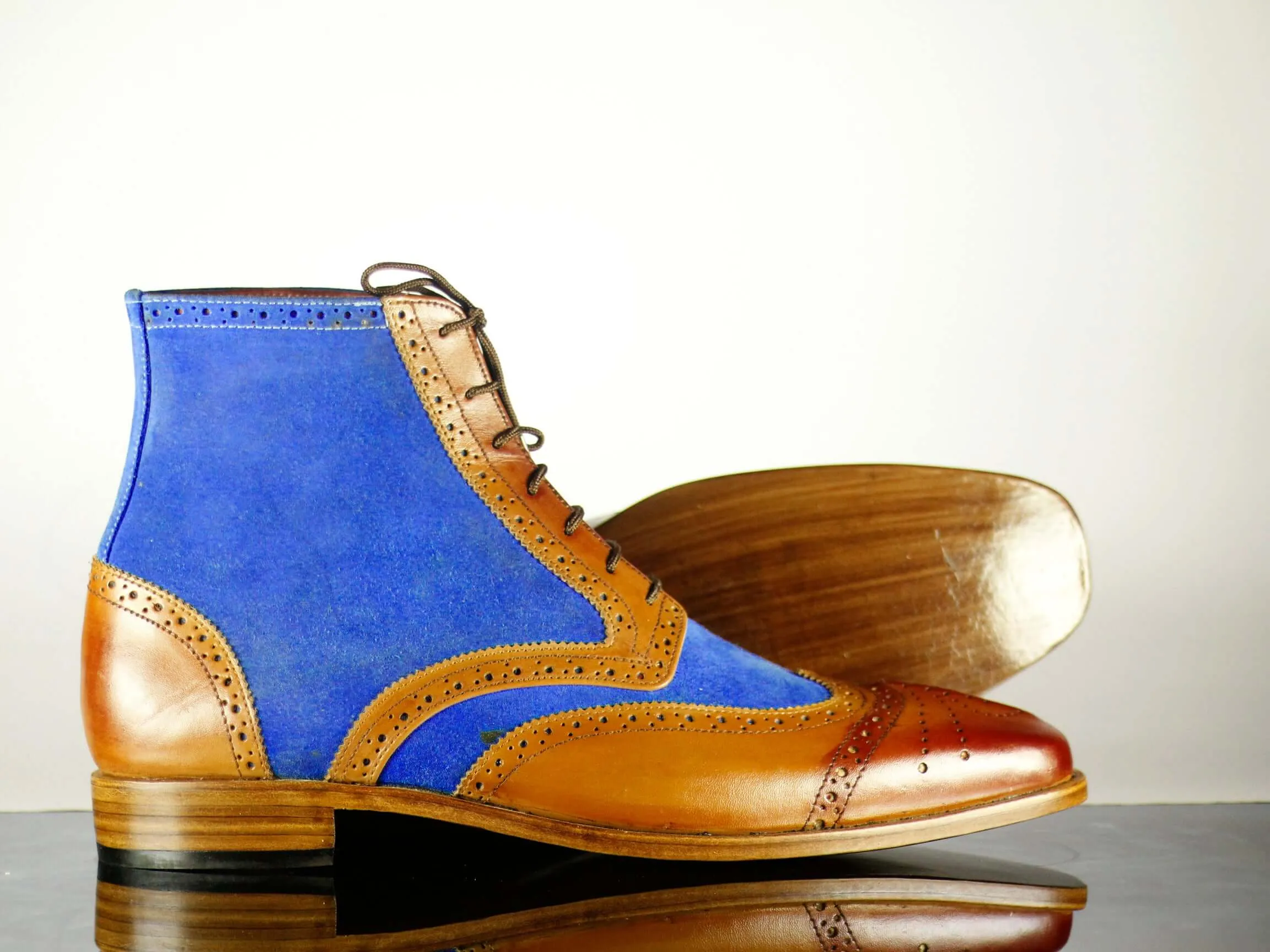 Bespoke Men's Two Tone Leather Suede Wing Tip Brogue Boots