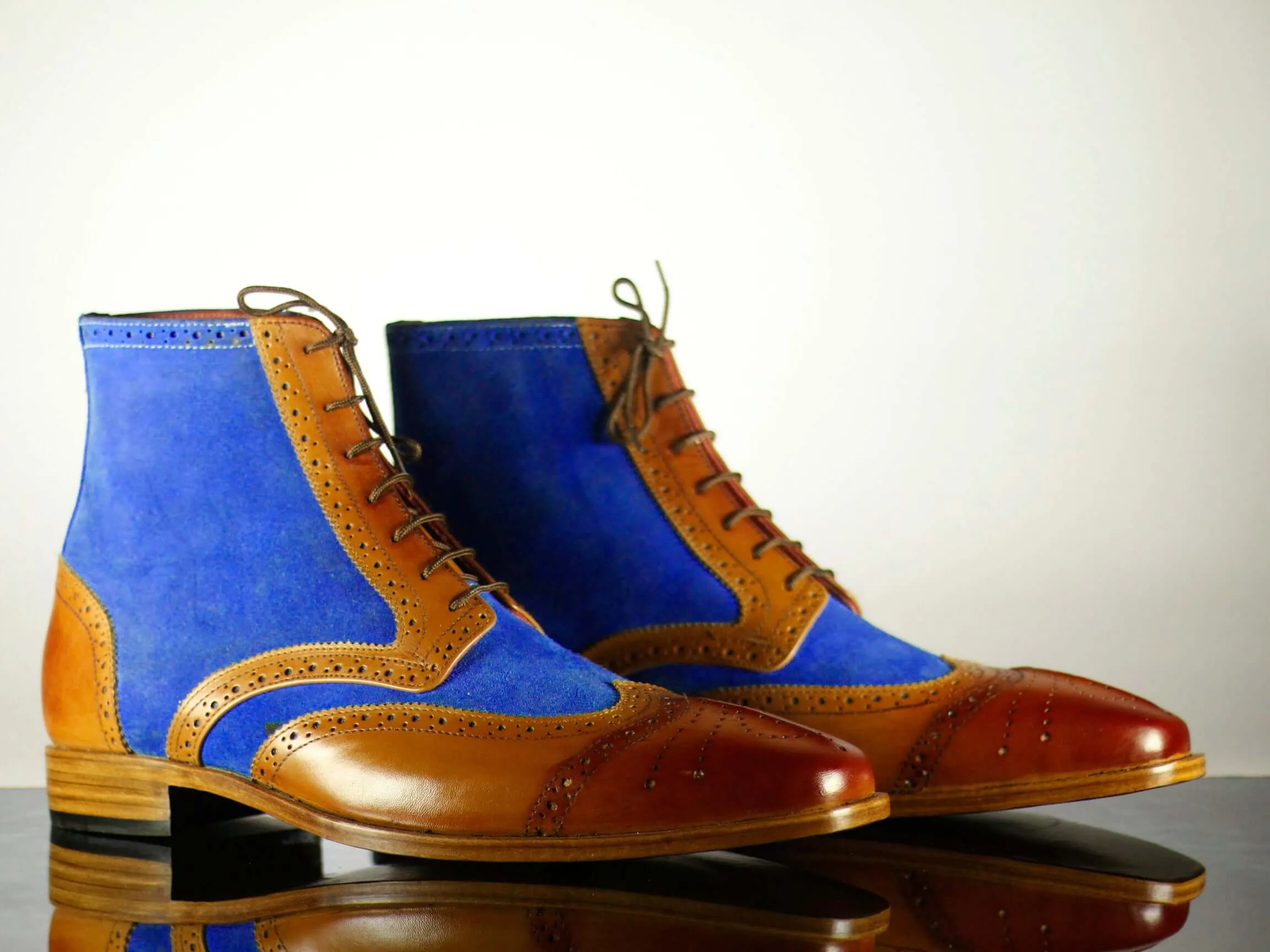 Bespoke Men's Two Tone Leather Suede Wing Tip Brogue Boots