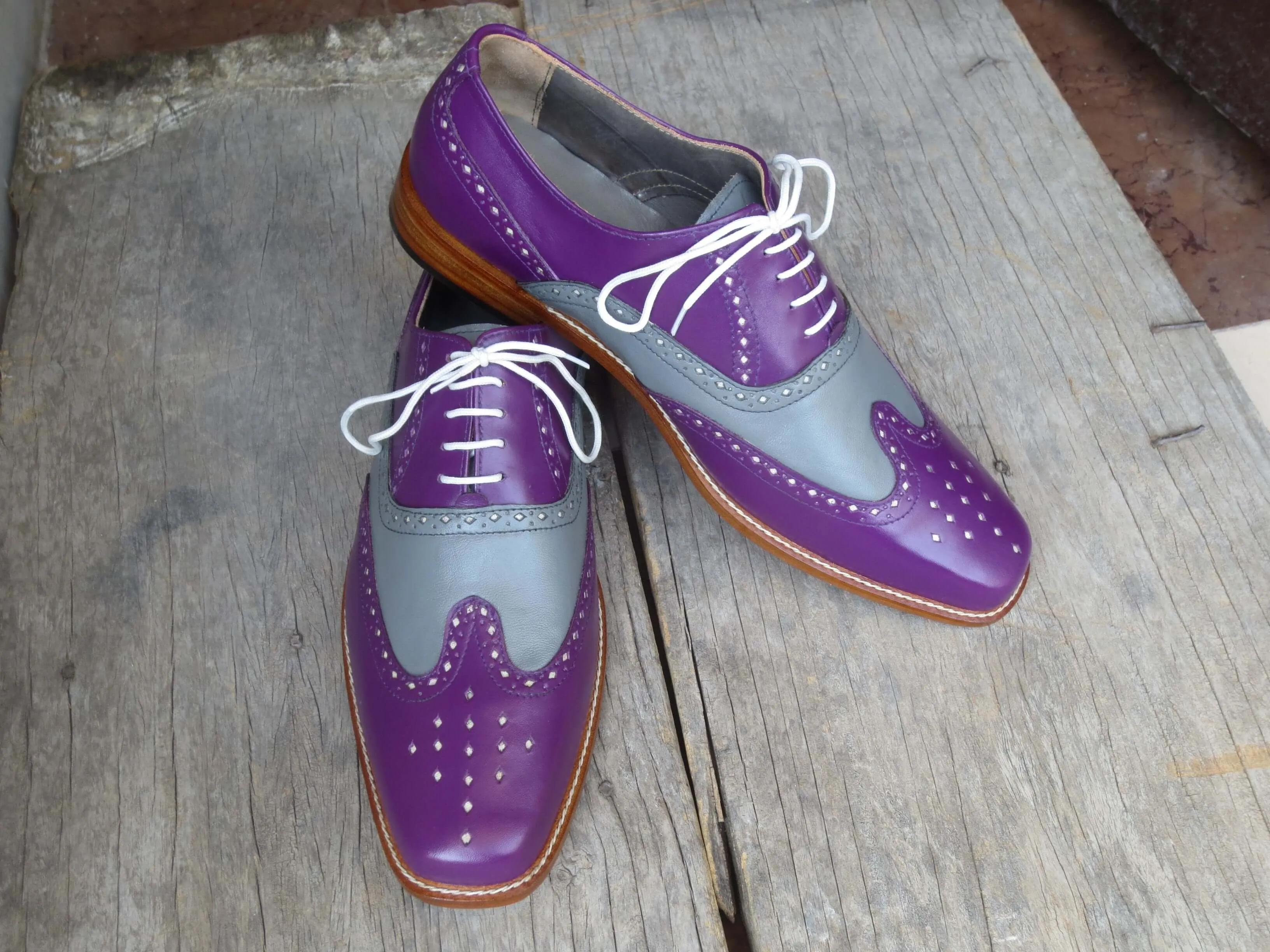 Bespoke Purple Gray Leather Wing Tip Shoes for Men's