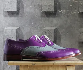 Bespoke Purple Gray Leather Wing Tip Shoes for Men's