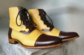 Bespoke Yellow & Brown Leather Cap Toe Lace Up Boot