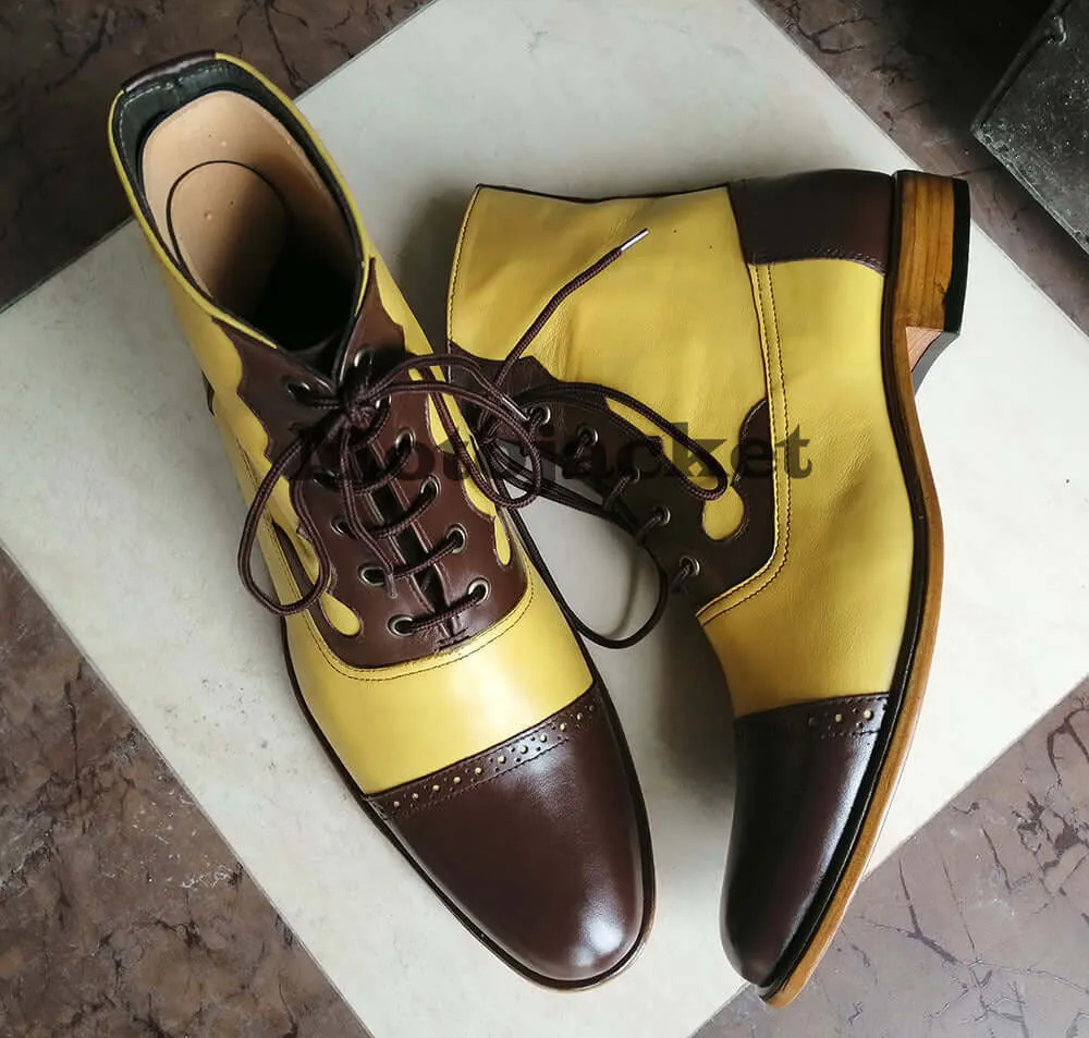 Bespoke Yellow & Brown Leather Cap Toe Lace Up Boot