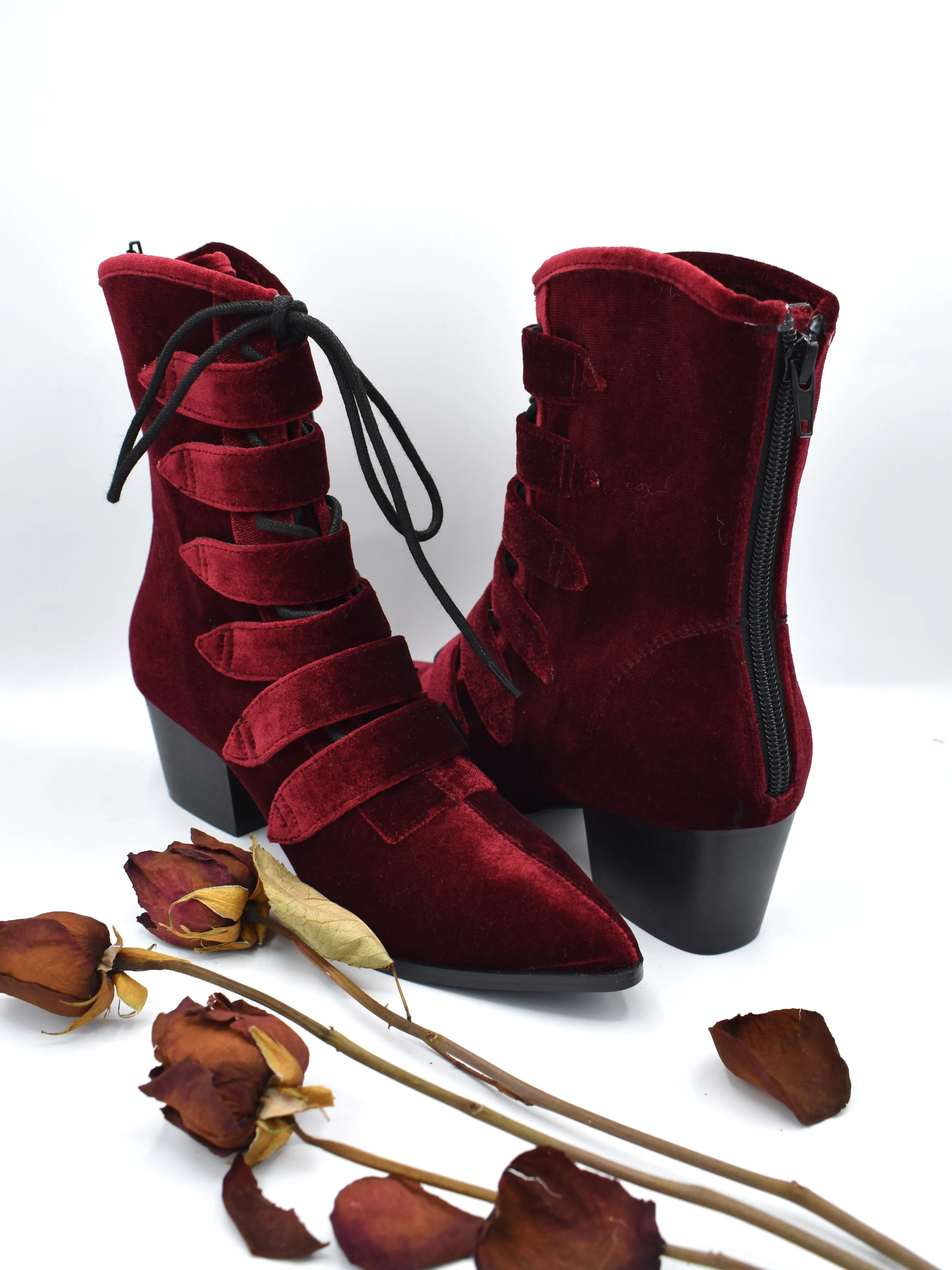 Burgundy Velvet Coven Pointed Toe Boot