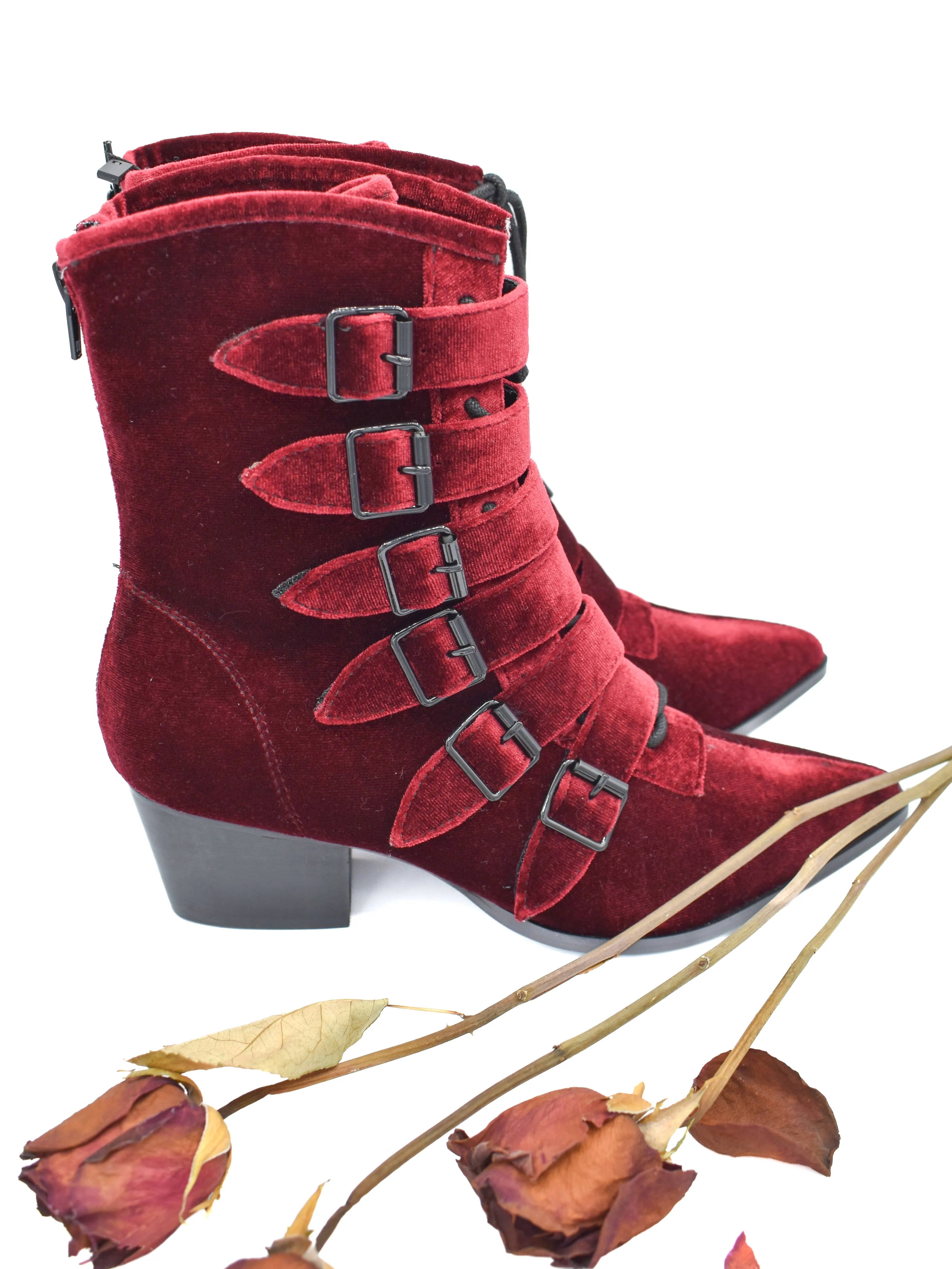 Burgundy Velvet Coven Pointed Toe Boot