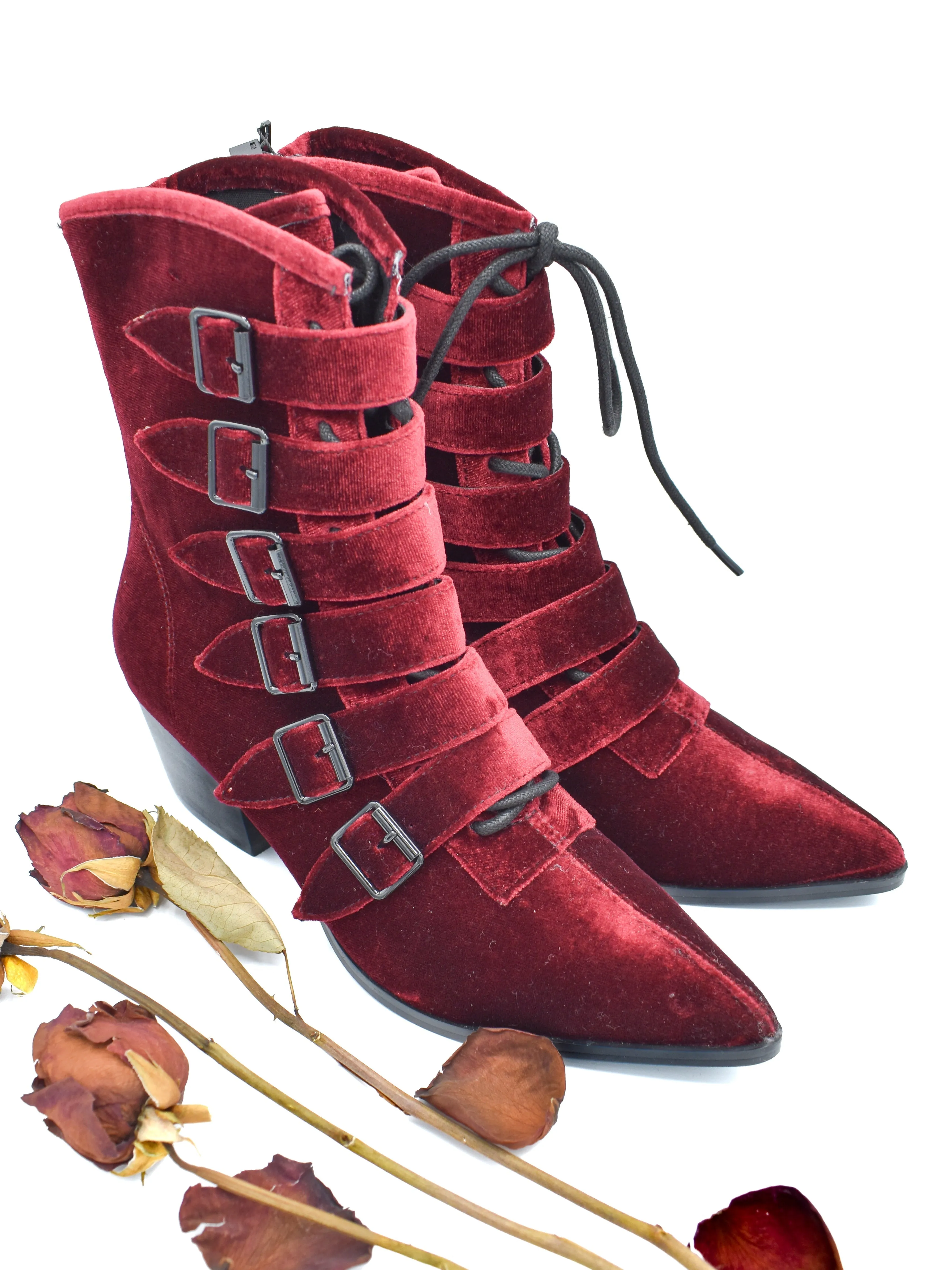 Burgundy Velvet Coven Pointed Toe Boot