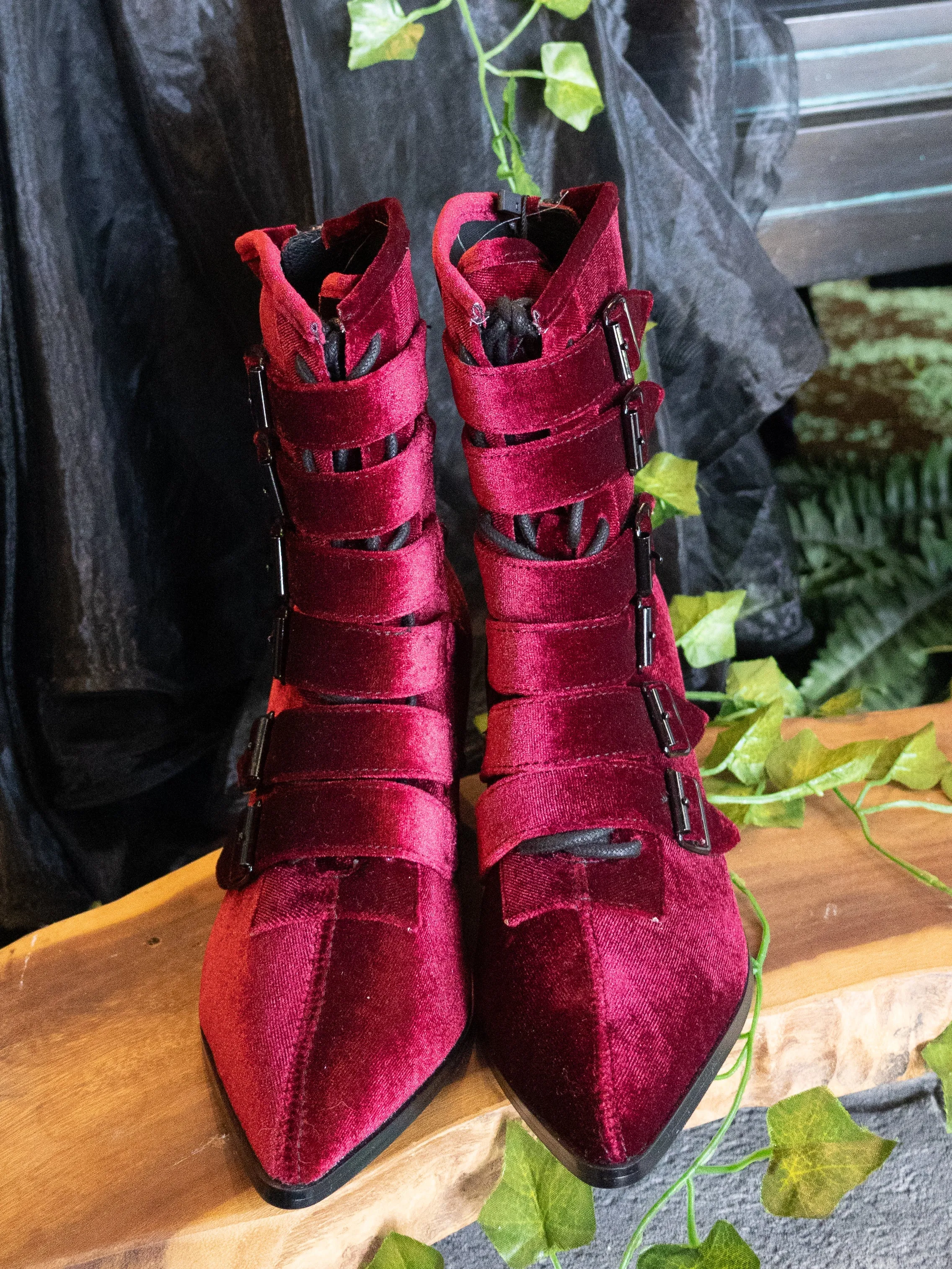 Burgundy Velvet Coven Pointed Toe Boot