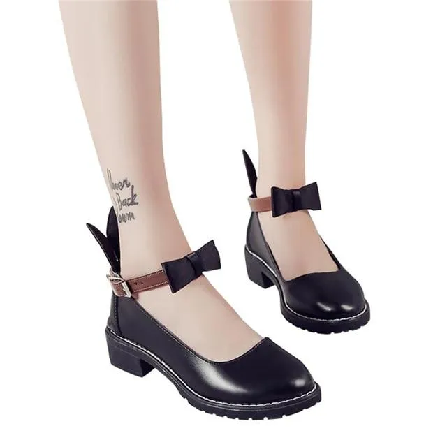 Butterfly-knot Decoration Women Fashion Thick Heel Pumps Women Round Toe Shoes