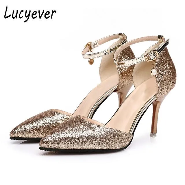 Fashion Buckle Crystals Bling Pumps Women Elegant Thin High Heels Point toe Party Wedding Shoes Woman Glod Sliver Black