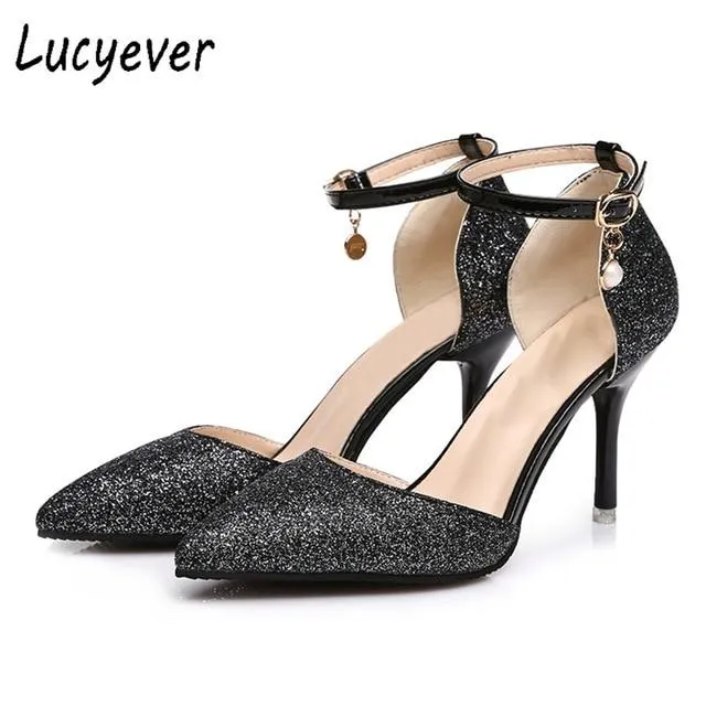 Fashion Buckle Crystals Bling Pumps Women Elegant Thin High Heels Point toe Party Wedding Shoes Woman Glod Sliver Black