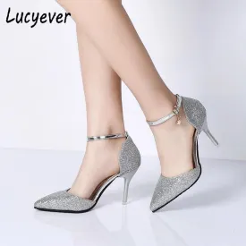 Fashion Buckle Crystals Bling Pumps Women Elegant Thin High Heels Point toe Party Wedding Shoes Woman Glod Sliver Black