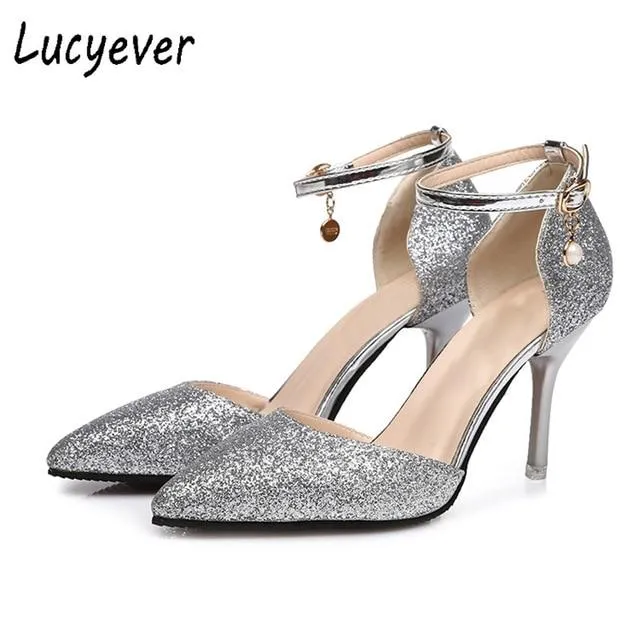 Fashion Buckle Crystals Bling Pumps Women Elegant Thin High Heels Point toe Party Wedding Shoes Woman Glod Sliver Black