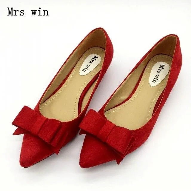 Fashion Women Low Heel Pumps Shoes Spring Autumn Flock Pointed Toe Bowtie Slip On Woman Casual Spike Heel Single Shoes Plus Size