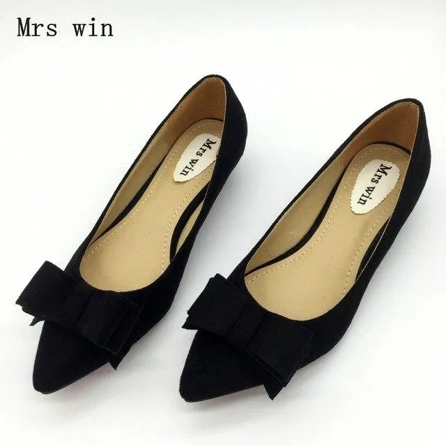 Fashion Women Low Heel Pumps Shoes Spring Autumn Flock Pointed Toe Bowtie Slip On Woman Casual Spike Heel Single Shoes Plus Size