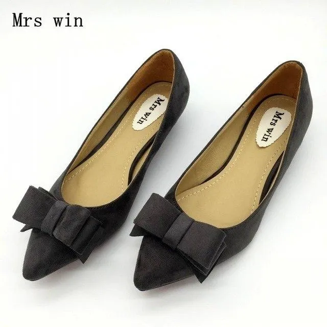 Fashion Women Low Heel Pumps Shoes Spring Autumn Flock Pointed Toe Bowtie Slip On Woman Casual Spike Heel Single Shoes Plus Size