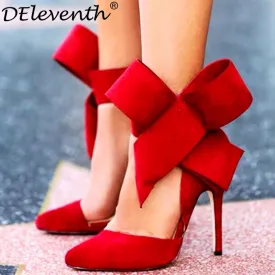 Fashion women's shoes pointed toe big bowtie thin heels high heel Pump shoes female wedding shoes red blue green pink black