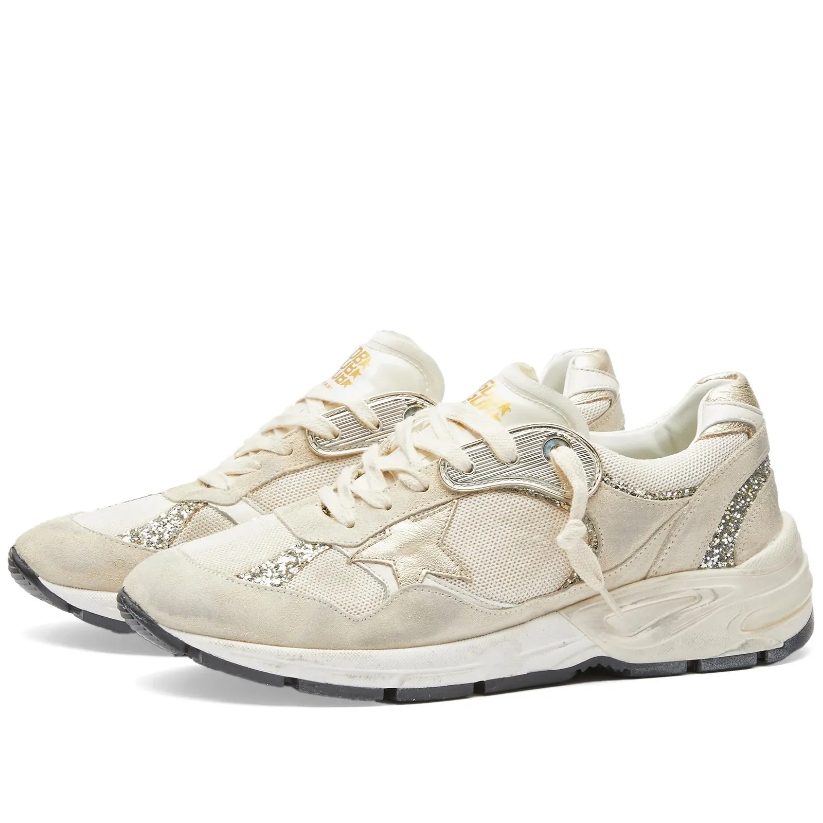 Golden Goose Running Dad Leather Sneakers, Beige/Silver