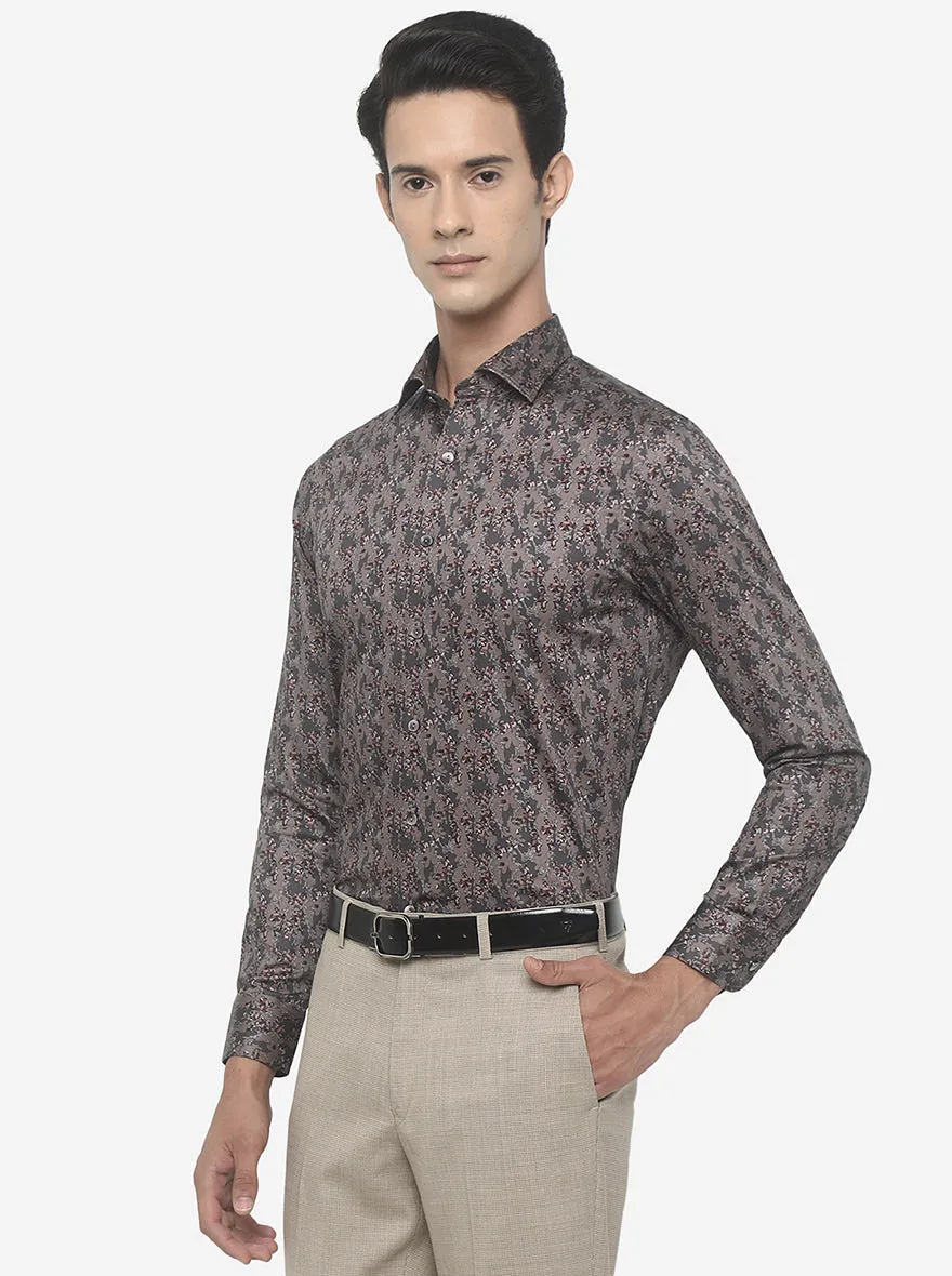 Grey & Brown Printed Slim Fit Party Wear Shirt | Wyre