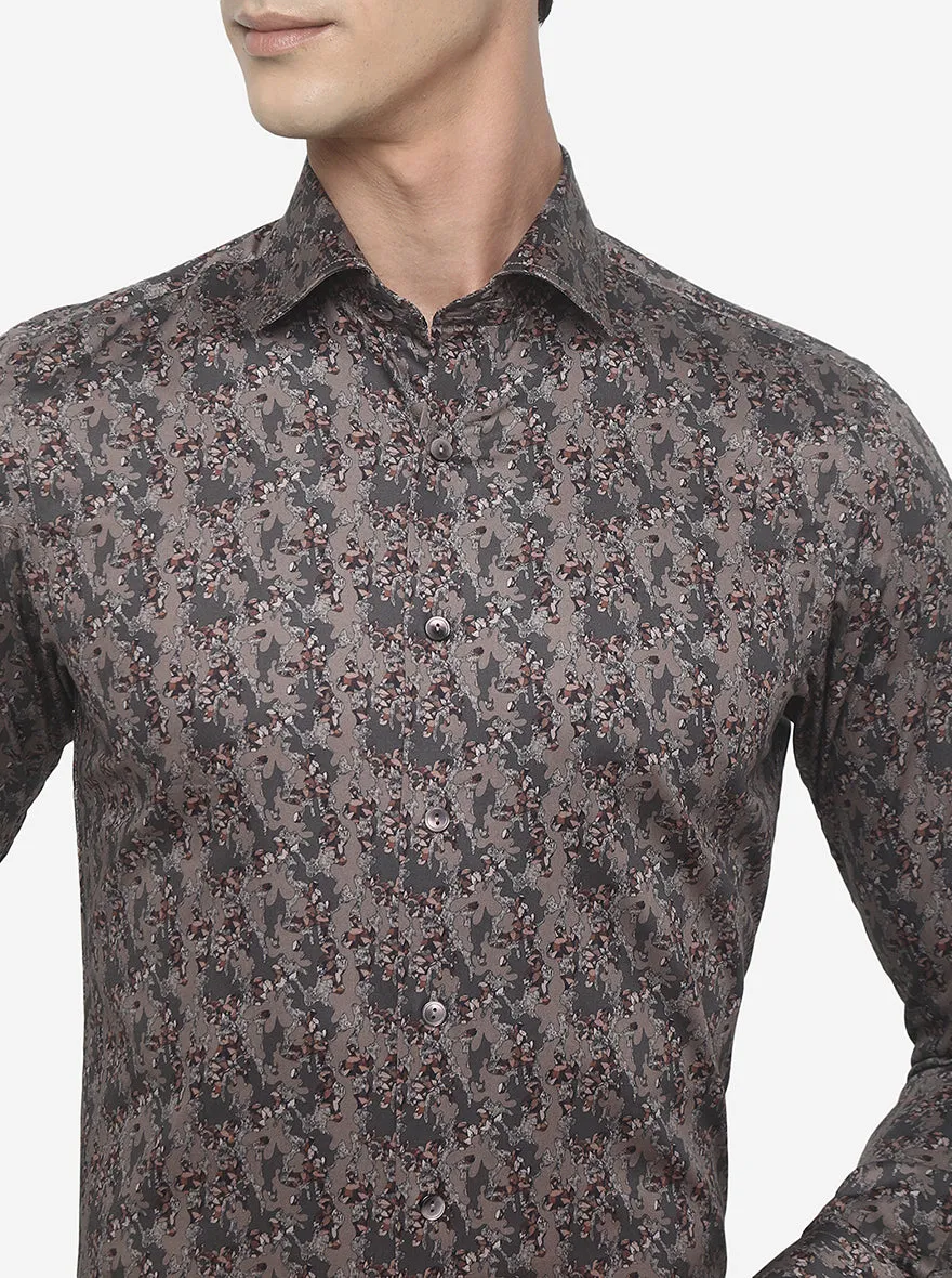 Grey & Brown Printed Slim Fit Party Wear Shirt | Wyre