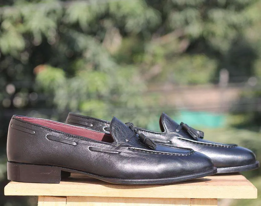 Handmade Black Leather Tussle Loafer