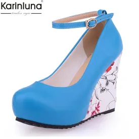 KarinLuna large Sizes 34-43 Wedges High Heels Party wedding Pumps shoe Flower Print Platform Ankle-Strap Women Shoes Woman pumps