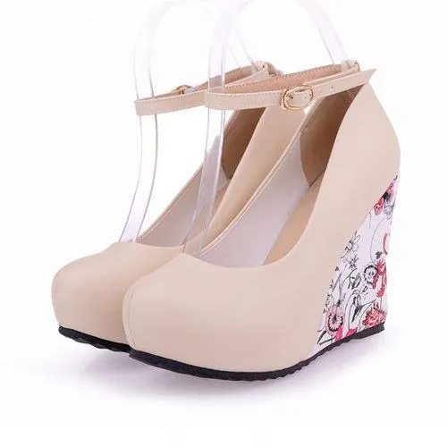 KarinLuna large Sizes 34-43 Wedges High Heels Party wedding Pumps shoe Flower Print Platform Ankle-Strap Women Shoes Woman pumps