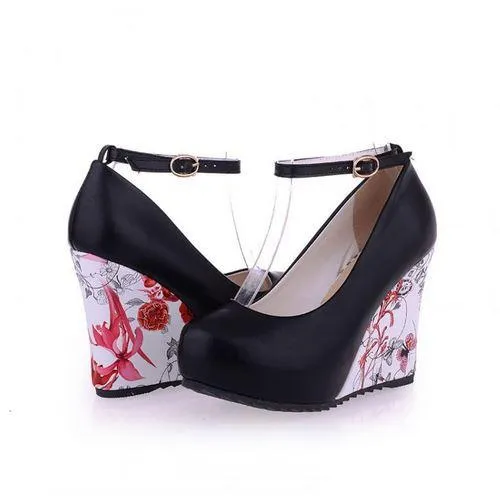 KarinLuna large Sizes 34-43 Wedges High Heels Party wedding Pumps shoe Flower Print Platform Ankle-Strap Women Shoes Woman pumps