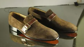 Men's Brown Suede Monk Strap Loafer Shoes,Bespoke Men's Fashion Shoes