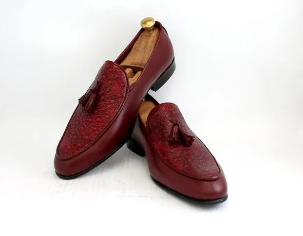 Men's Handmade Burgundy Leather Tussles Loafers Party Wear Shoes