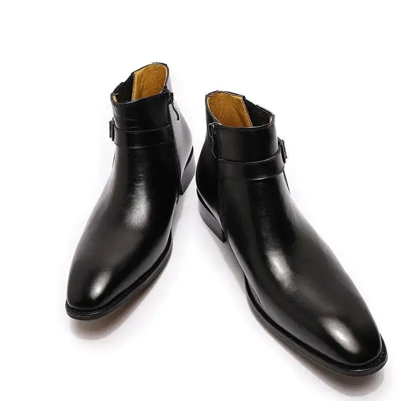 Men's Italian Leather Dress Boots With Zipper & Buckle