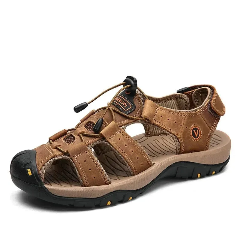 Mens Outdoor Trekking Sandals Summer Breathable Flat Light Fashion Beach Shoes Genuine Leather Luxury Men Sandals v2