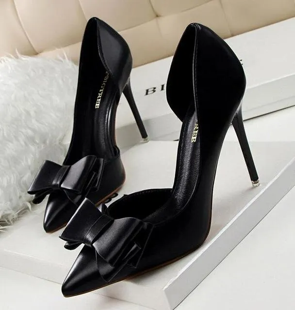 New Fashion Delicate Sweet Bow-knot High Heel Shoes Side Hollow Pointed Women Pumps