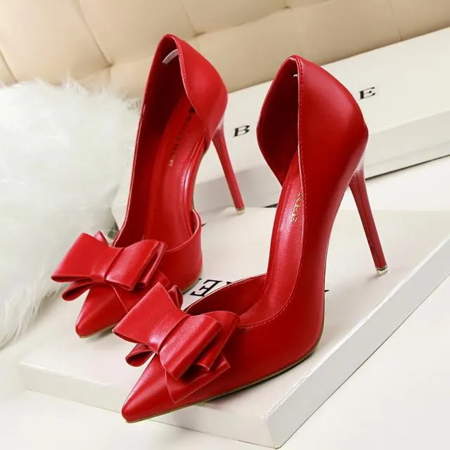 New Fashion Delicate Sweet Bow-knot High Heel Shoes Side Hollow Pointed Women Pumps